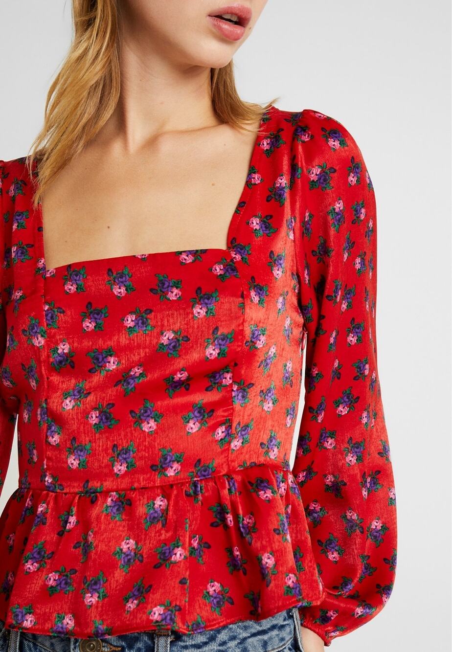 TopShop Women’s Red Floral Square Neck Blouse Size 4